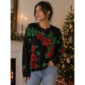 CENY Women Black Poinsettia Holiday Sweater Scalloped Metallic Knit Crewneck M